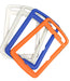 Three rectangular silicone frames in white, blue, and orange on a white background