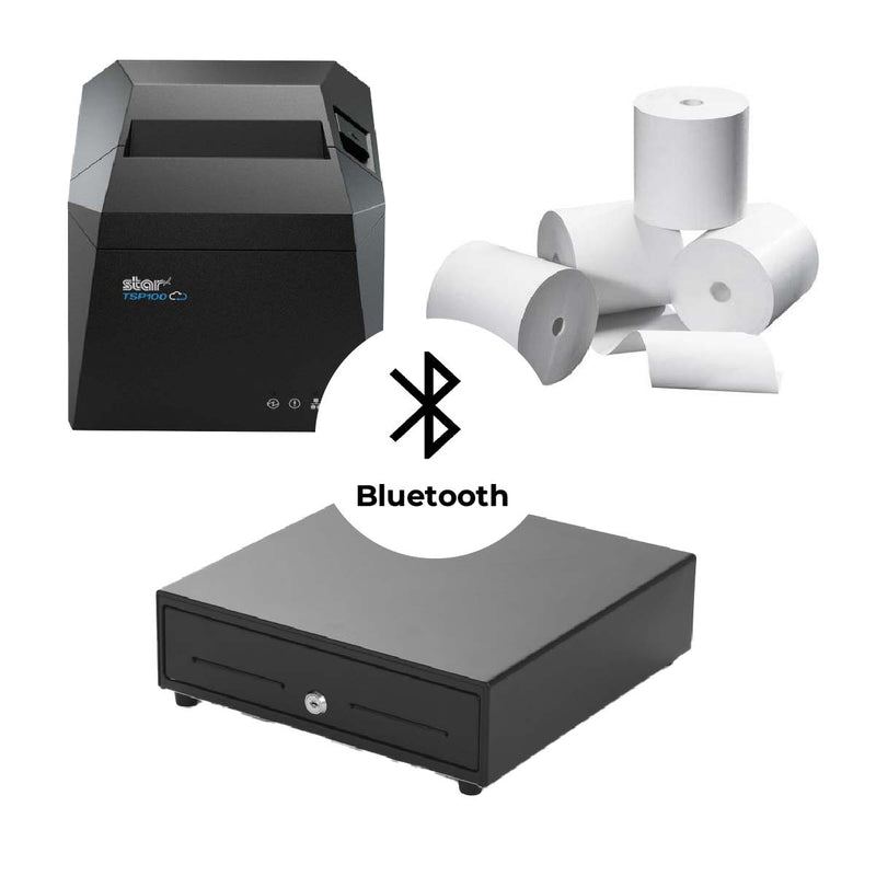 Complete Compact Wireless POS Starter Kit: Bluetooth Receipt Printer + Small Footprint Cash Drawer + 20 Rolls