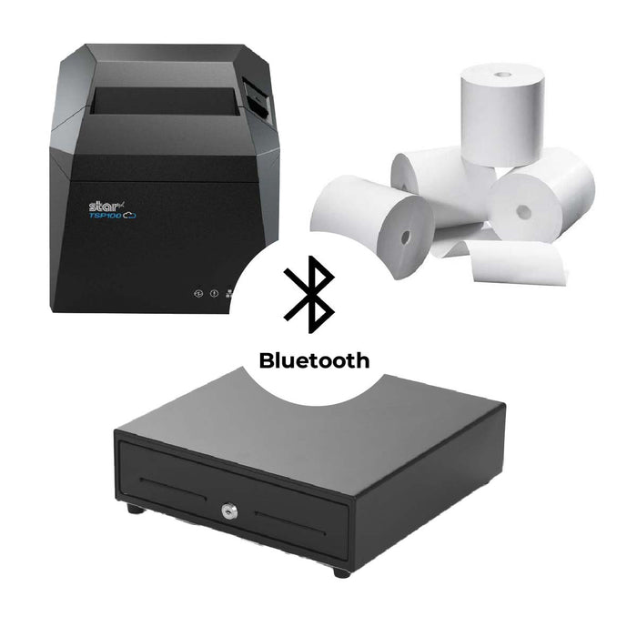 Complete Compact Wireless POS Starter Kit: Bluetooth Receipt Printer + Small Footprint Cash Drawer + 20 Rolls
