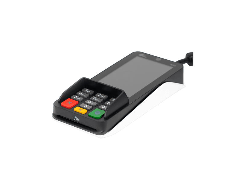 PAX A35 Android PIN pad on a countertop with a keypad and screen, ideal for retail and hospitality uses.