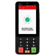 PAX A35 Android PIN pad displaying a loyalty program welcome screen with functional keypad.
