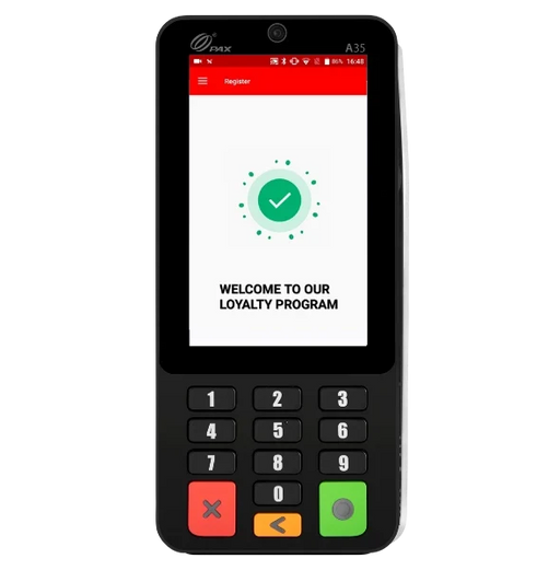 PAX A35 Android PIN pad displaying a loyalty program welcome screen with functional keypad.