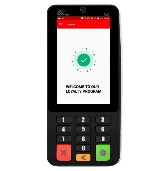 PAX A35 Android PIN pad displaying a loyalty program welcome screen with functional keypad.