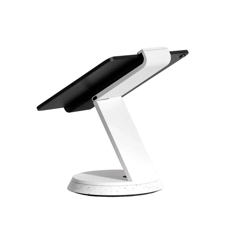 White tablet stand with black tablet on a white background