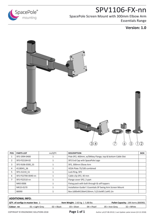 SpacePole Essentials SPV1106-FX-02 | Screen Mount with 300mm Elbow Arm