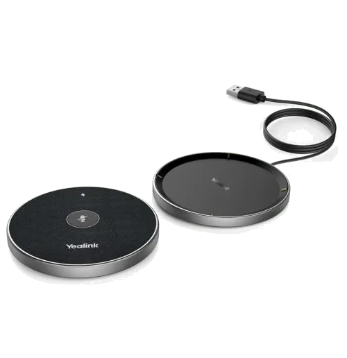 Yealink VCM36W Wireless Wifi MICPOD  and charging base.